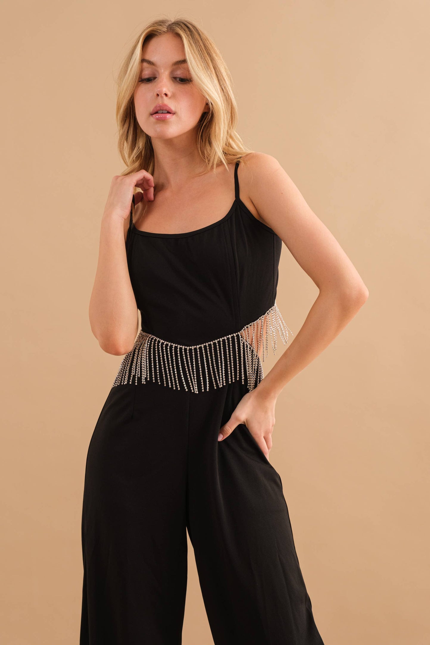 Rhinestone Fringe Open Back Jumpsuit