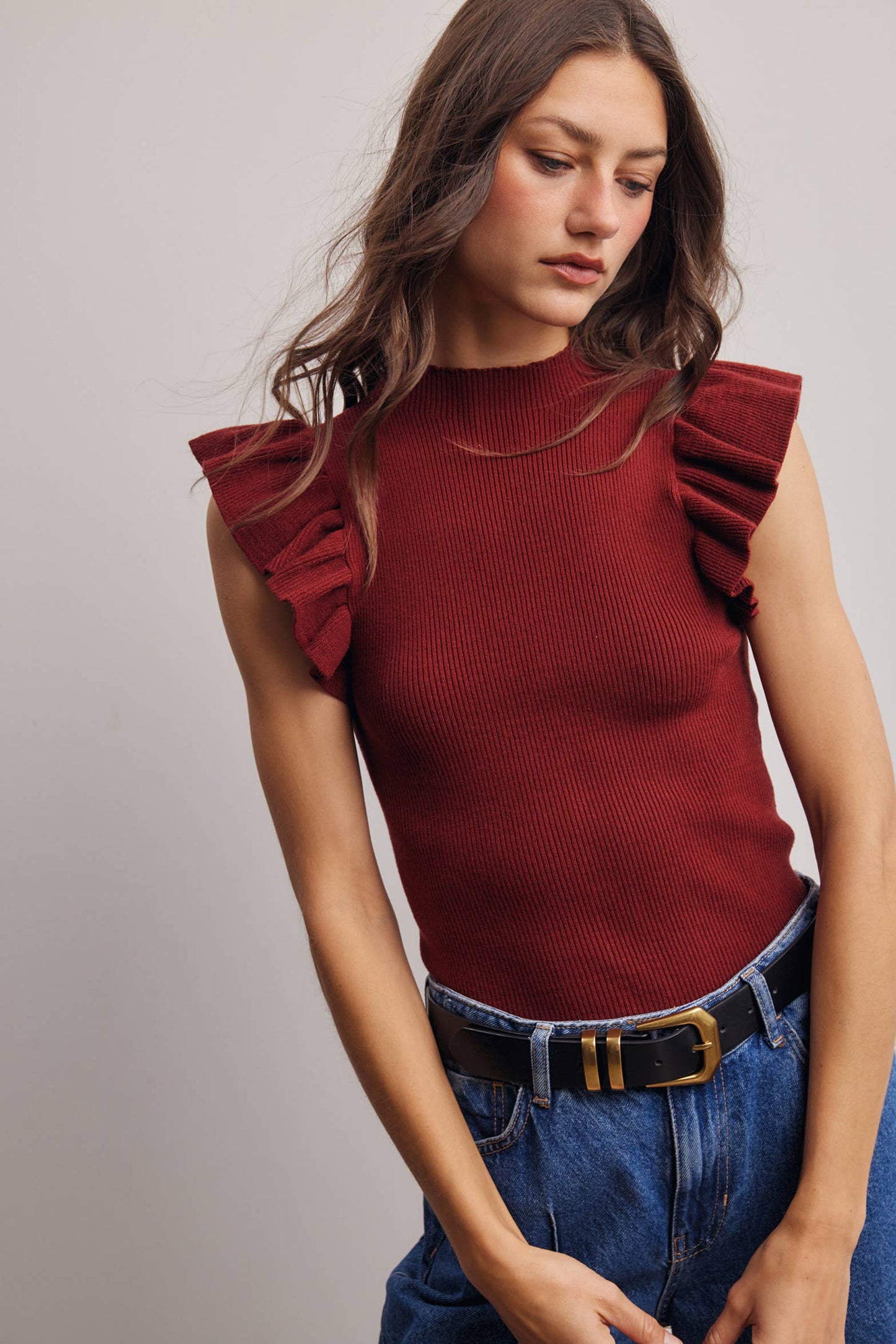 Ruffle Sleeve Rib Knit Top FSW0057