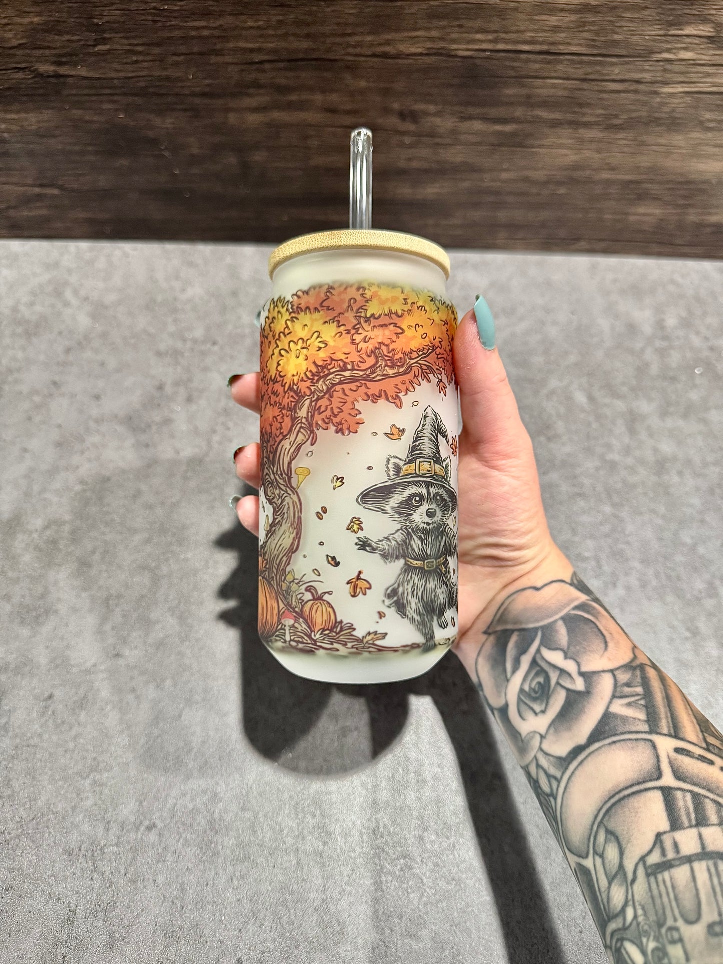 Halloween Raccoons Glass Can