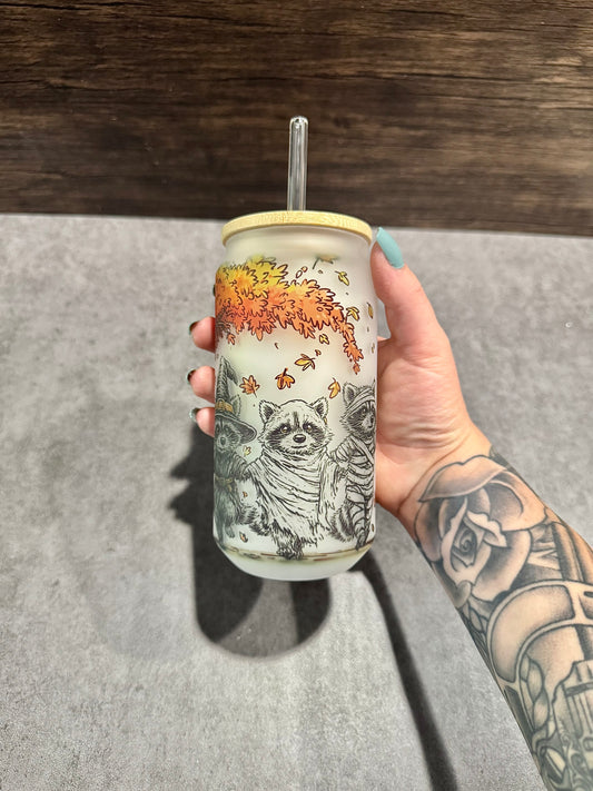 Halloween Raccoons Glass Can