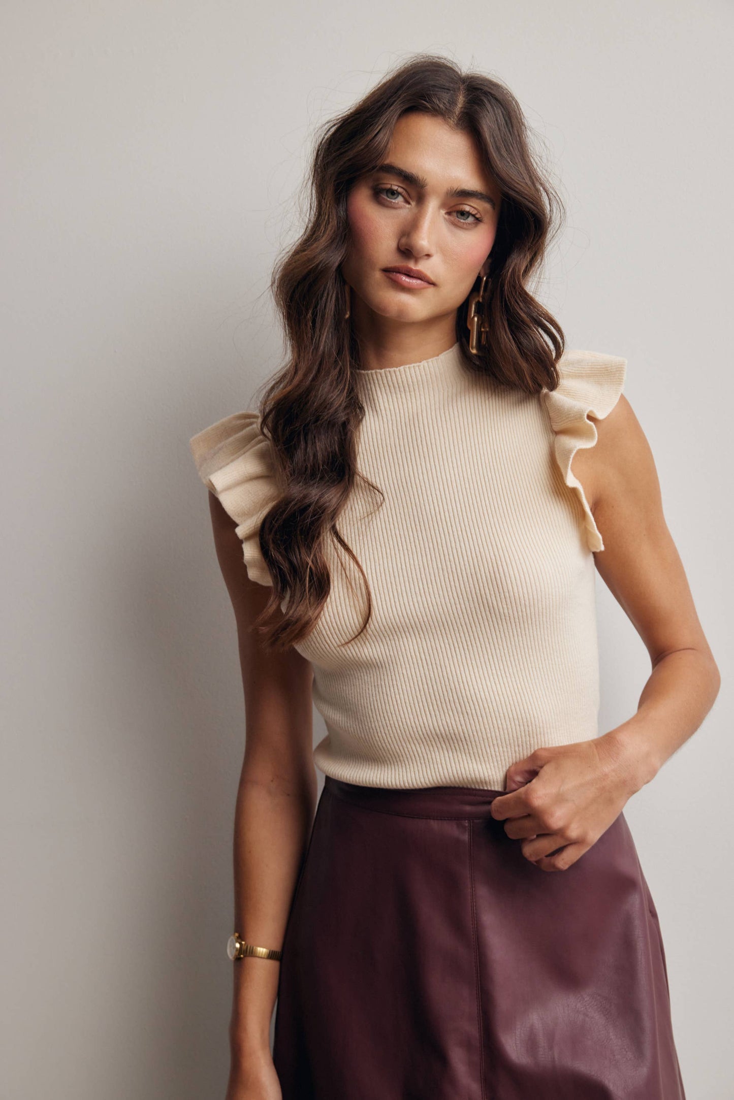 Ruffle Sleeve Rib Knit Top FSW0057