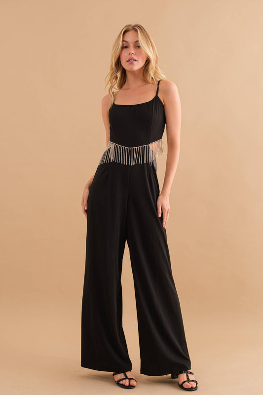 Rhinestone Fringe Open Back Jumpsuit