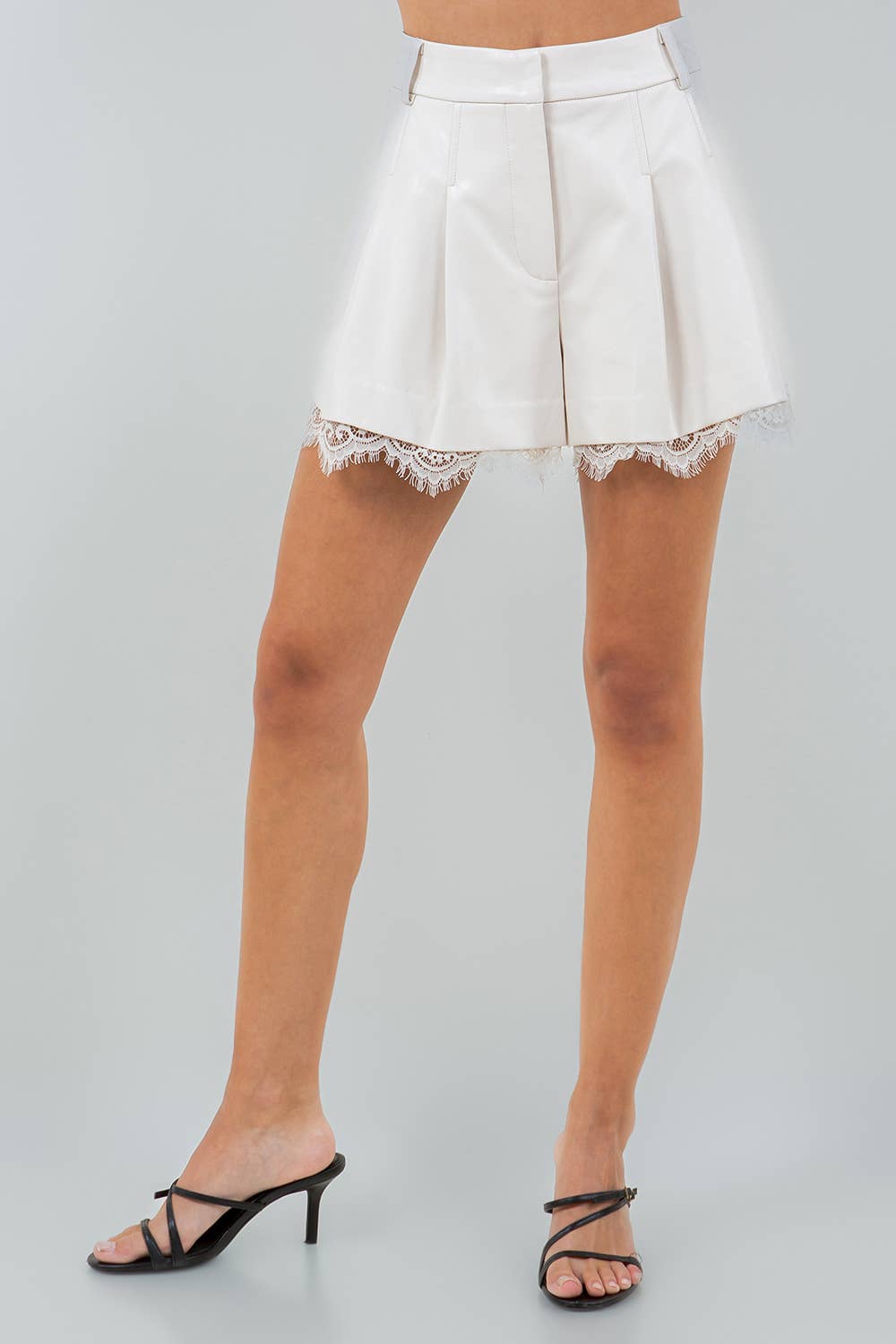 LACE TRIMMED FAUX LEATHER SHORTS