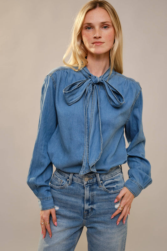 Tie Neck Hidden Button Chambray Blouse