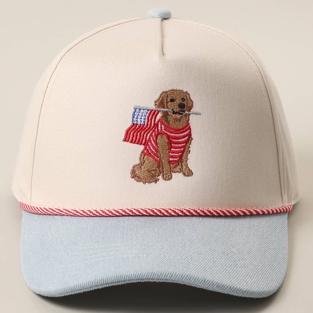 Golden Retriever Holding USA Flag Denim Brim Hat