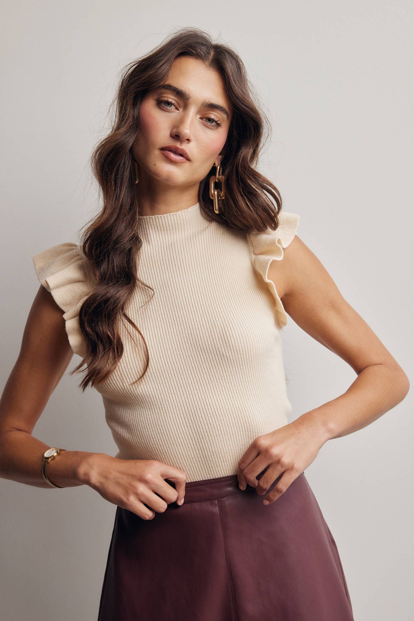 Ruffle Sleeve Rib Knit Top FSW0057