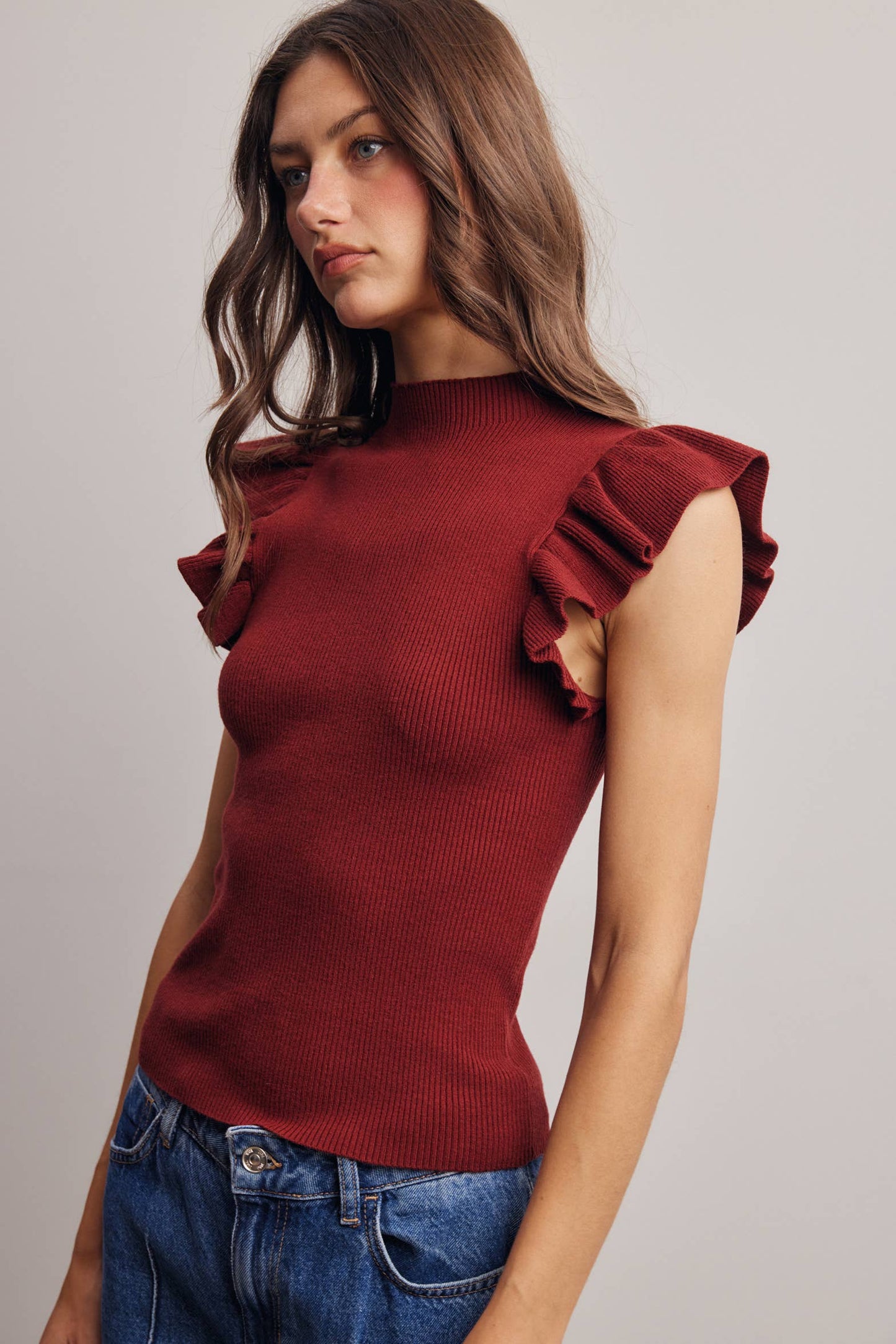 Ruffle Sleeve Rib Knit Top FSW0057