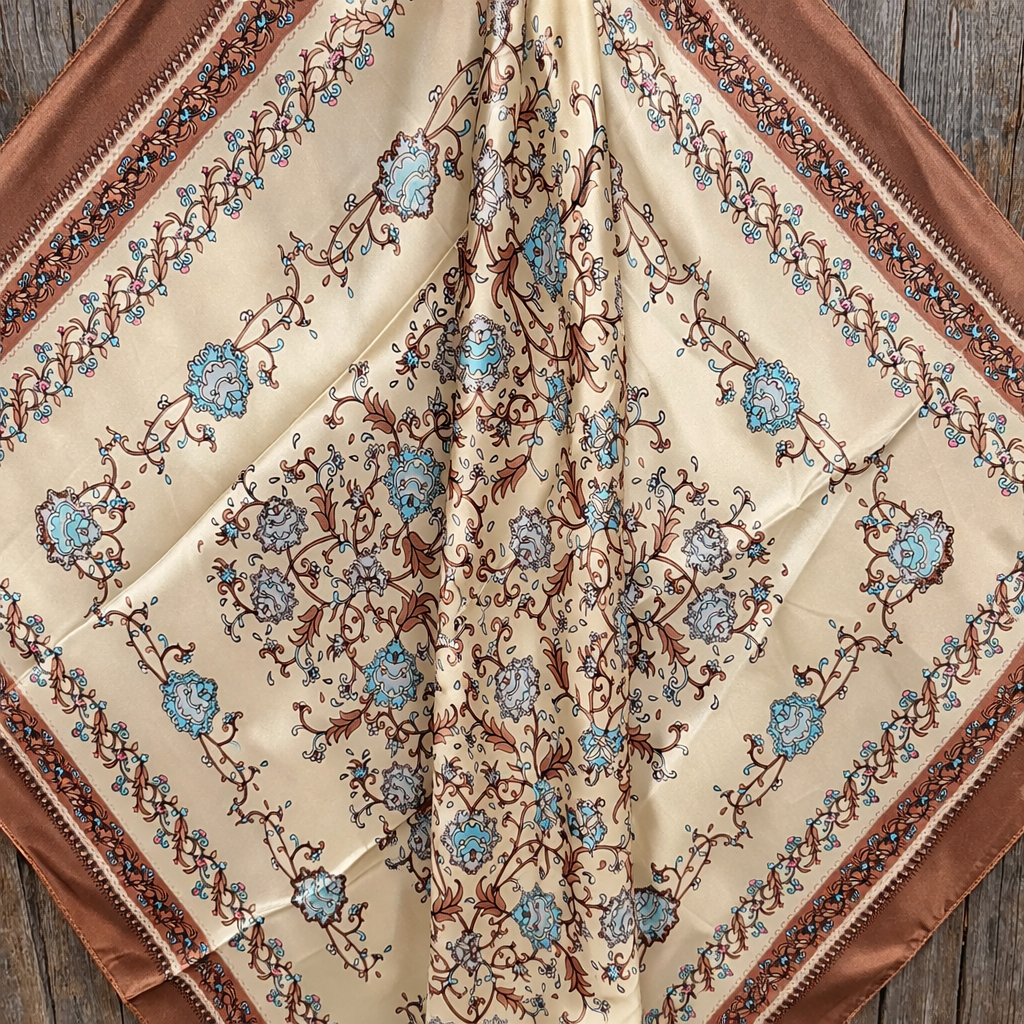 35x35” Brown and Aqua Floral Wild Rag