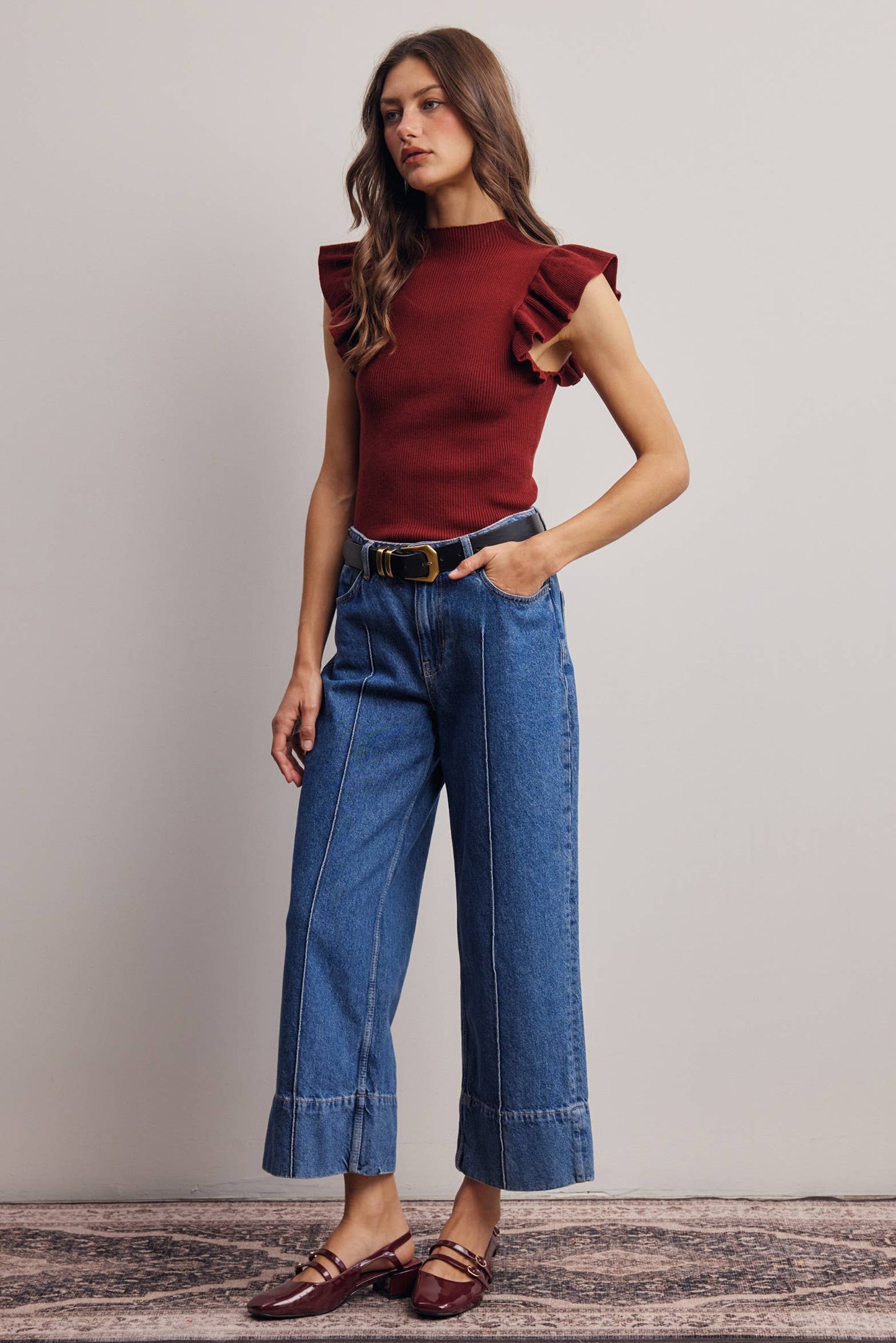 Ruffle Sleeve Rib Knit Top FSW0057