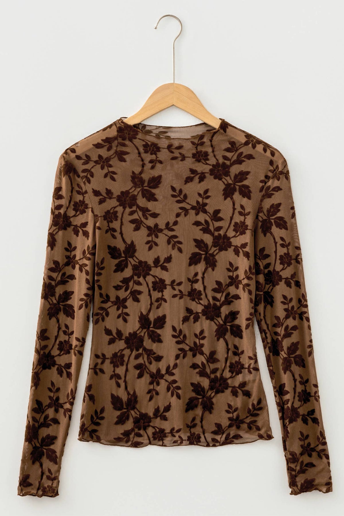 66 Floral Print Mock Neck Sheer Mesh Long Sleeve Top (S-XL)