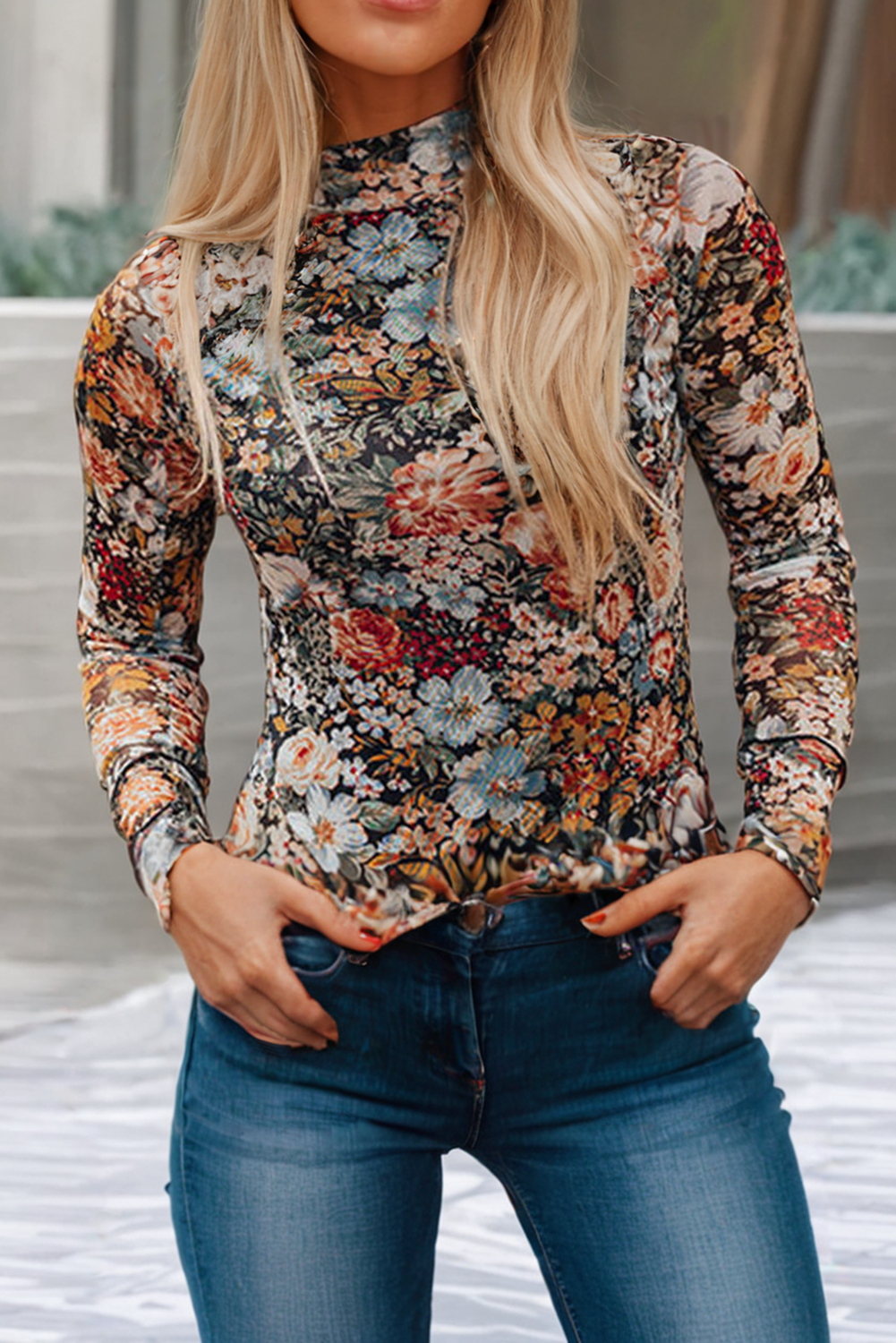 Floral Long Sleeve High Neck Mesh Blouse