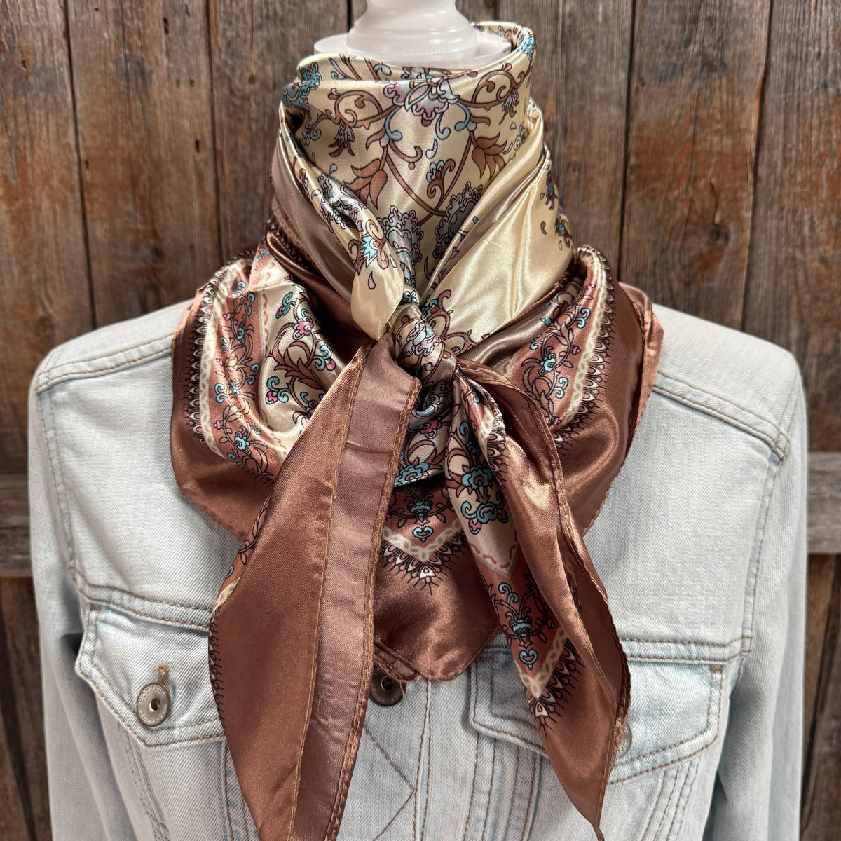 35x35” Brown and Aqua Floral Wild Rag