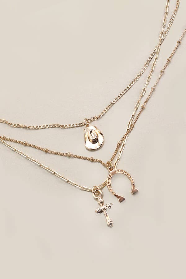 Trio Layer Horseshoe, Hat, Cross Charm Necklace