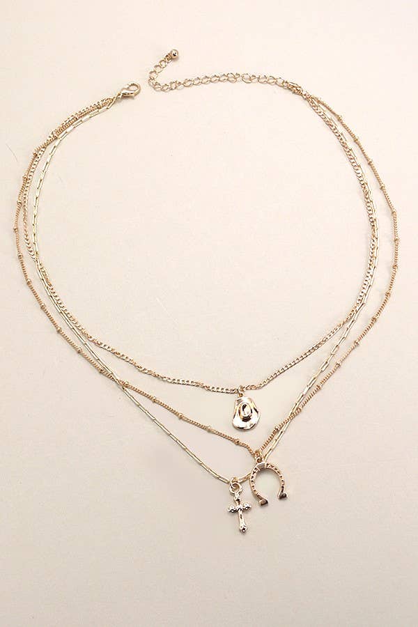 Trio Layer Horseshoe, Hat, Cross Charm Necklace